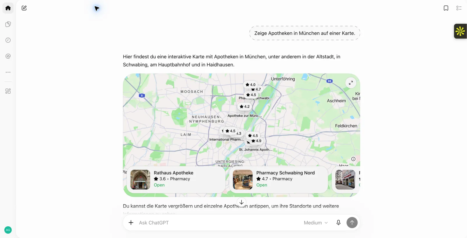 ChatGPT answering “Zeige Apotheken in München auf einer Karte.” with an interactive map of Munich, rating pins and business cards for Rathaus Apotheke and Pharmacy Schwabing Nord.